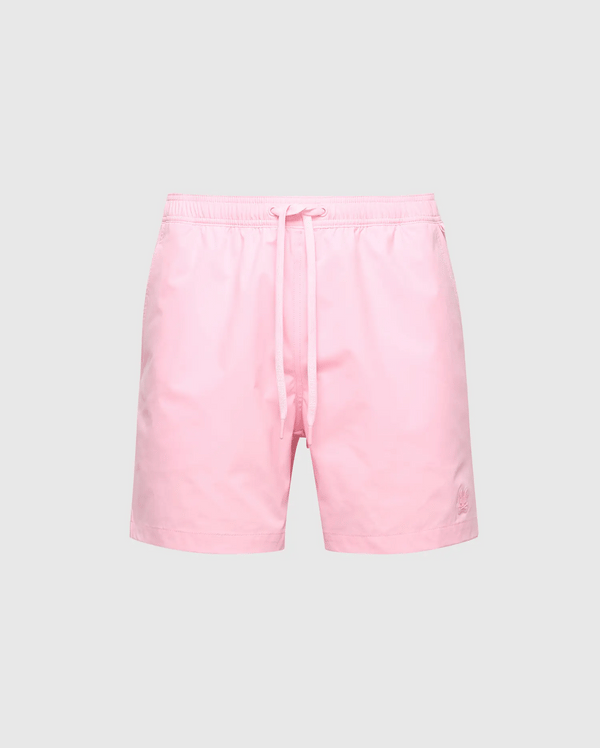 Psycho Bunny's MENS SAMOS HYDROCHROMIC PRINTED SWIM TRUNK (B6W453F200) features a drawstring waistband, subtle logo on the lower left, and breathable mesh lining. These stylish swim shorts are showcased against a plain gray backdrop.