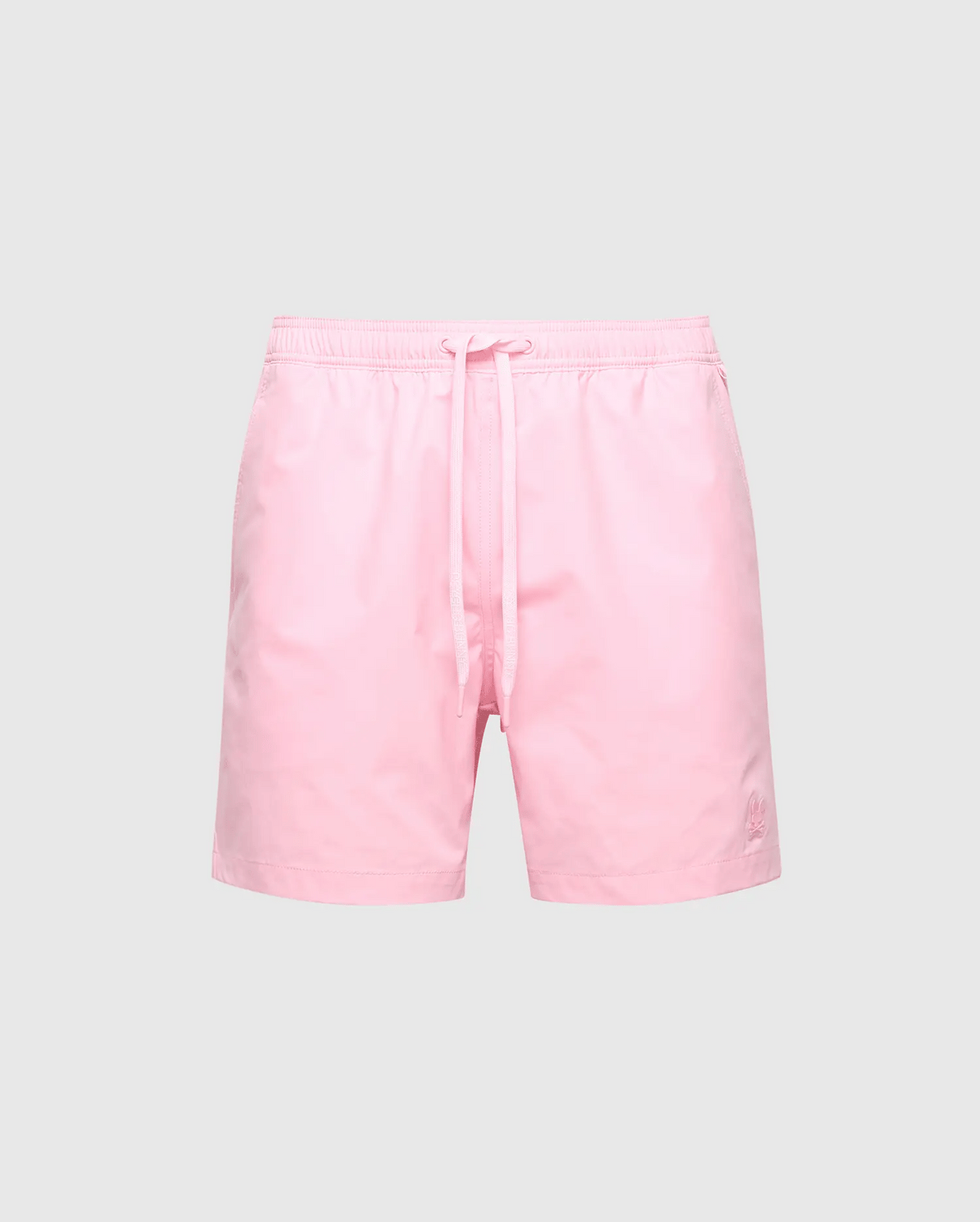 Psycho Bunny's MENS SAMOS HYDROCHROMIC PRINTED SWIM TRUNK (B6W453F200) features a drawstring waistband, subtle logo on the lower left, and breathable mesh lining. These stylish swim shorts are showcased against a plain gray backdrop.