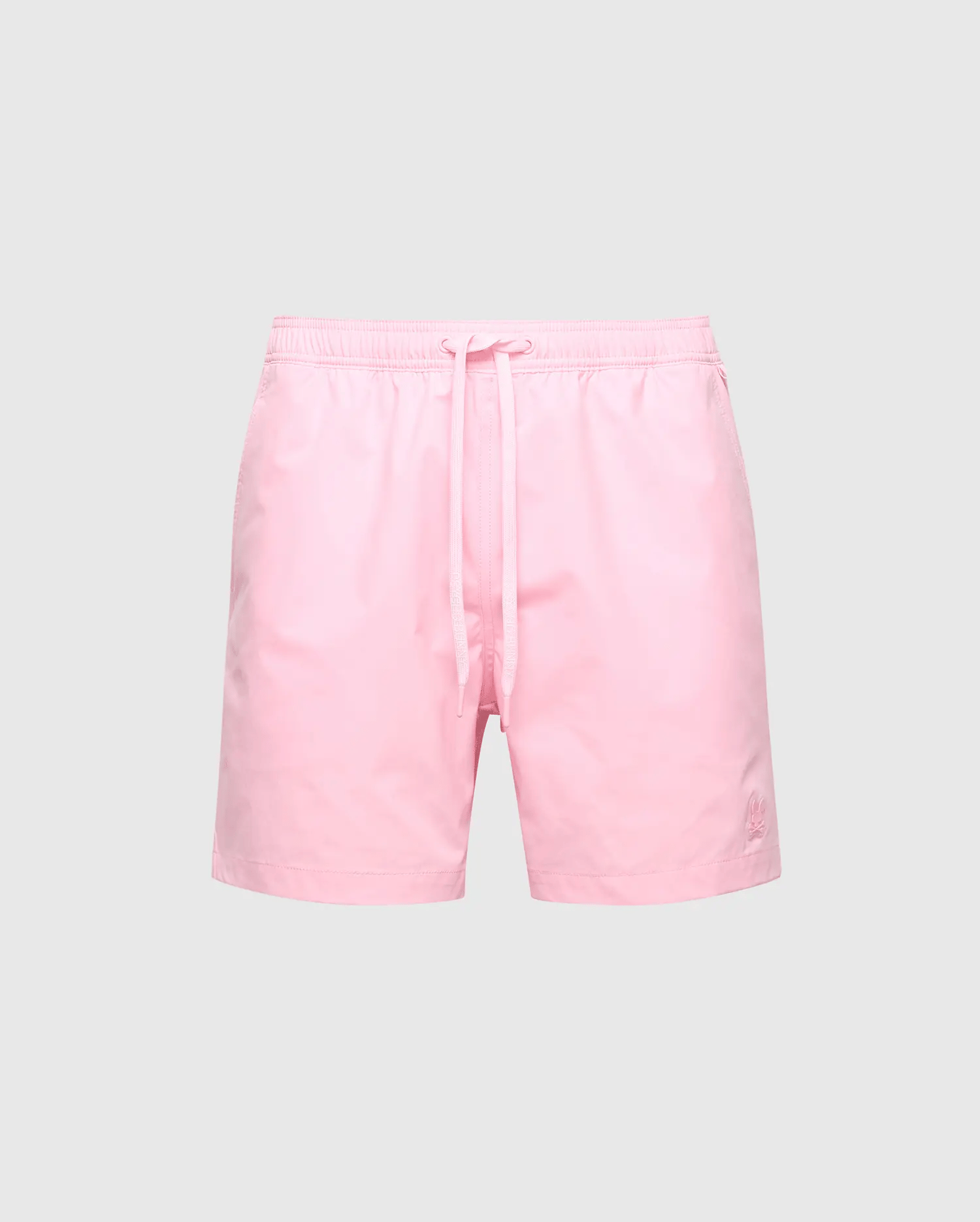 Psycho Bunny's MENS SAMOS HYDROCHROMIC PRINTED SWIM TRUNK (B6W453F200) features a drawstring waistband, subtle logo on the lower left, and breathable mesh lining. These stylish swim shorts are showcased against a plain gray backdrop.
