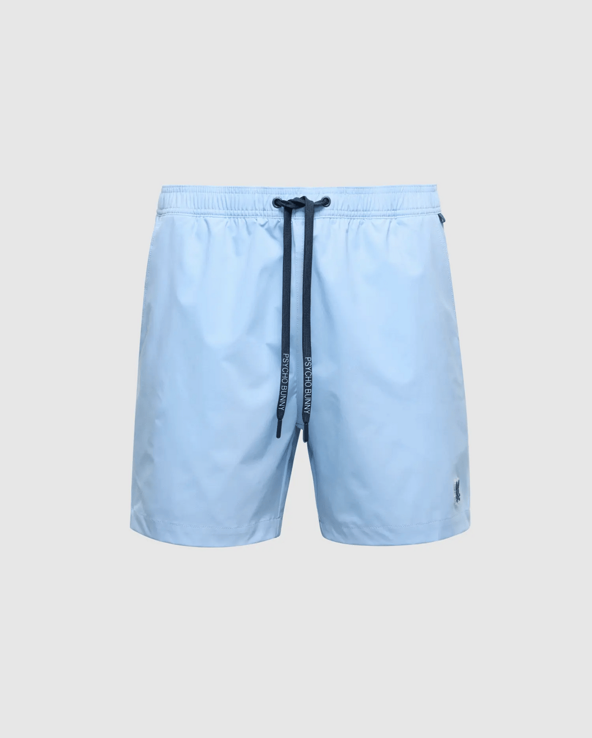 The Psycho Bunny MENS SAMOS swim trunks are light blue with a black drawstring and a small logo on the lower left leg. Made with hydrochromic technology, they feature an elastic waistband and smooth fabric against a plain gray background.