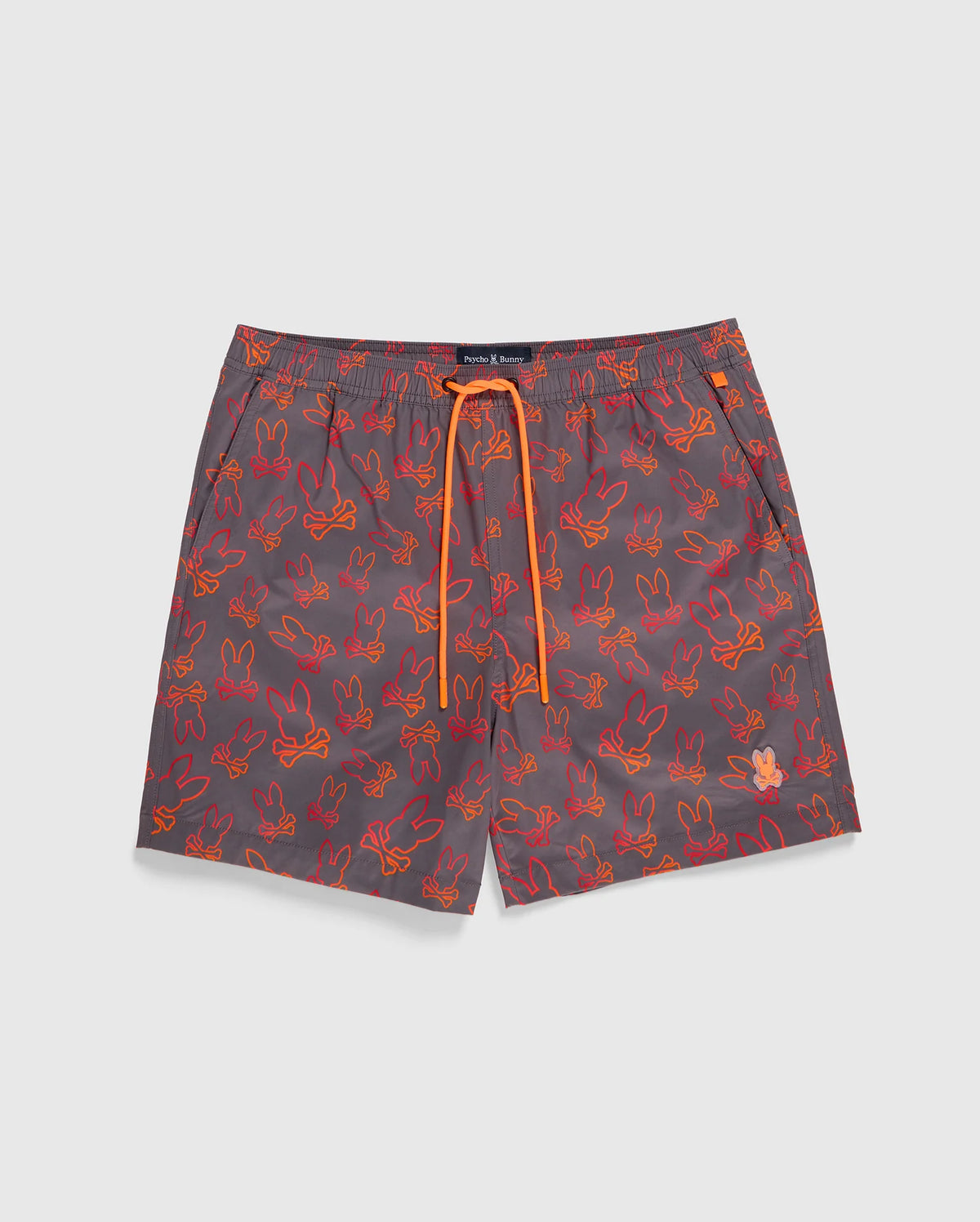 The MENS SHELDON ALL OVER PRINT SWIM TRUNK - B6W588C200 by Psycho Bunny features a gray design with a red and orange bunny pattern, accented by an orange drawstring at the waist. Crafted from quick-dry fabric, these swim trunks perfectly blend functionality and style.
