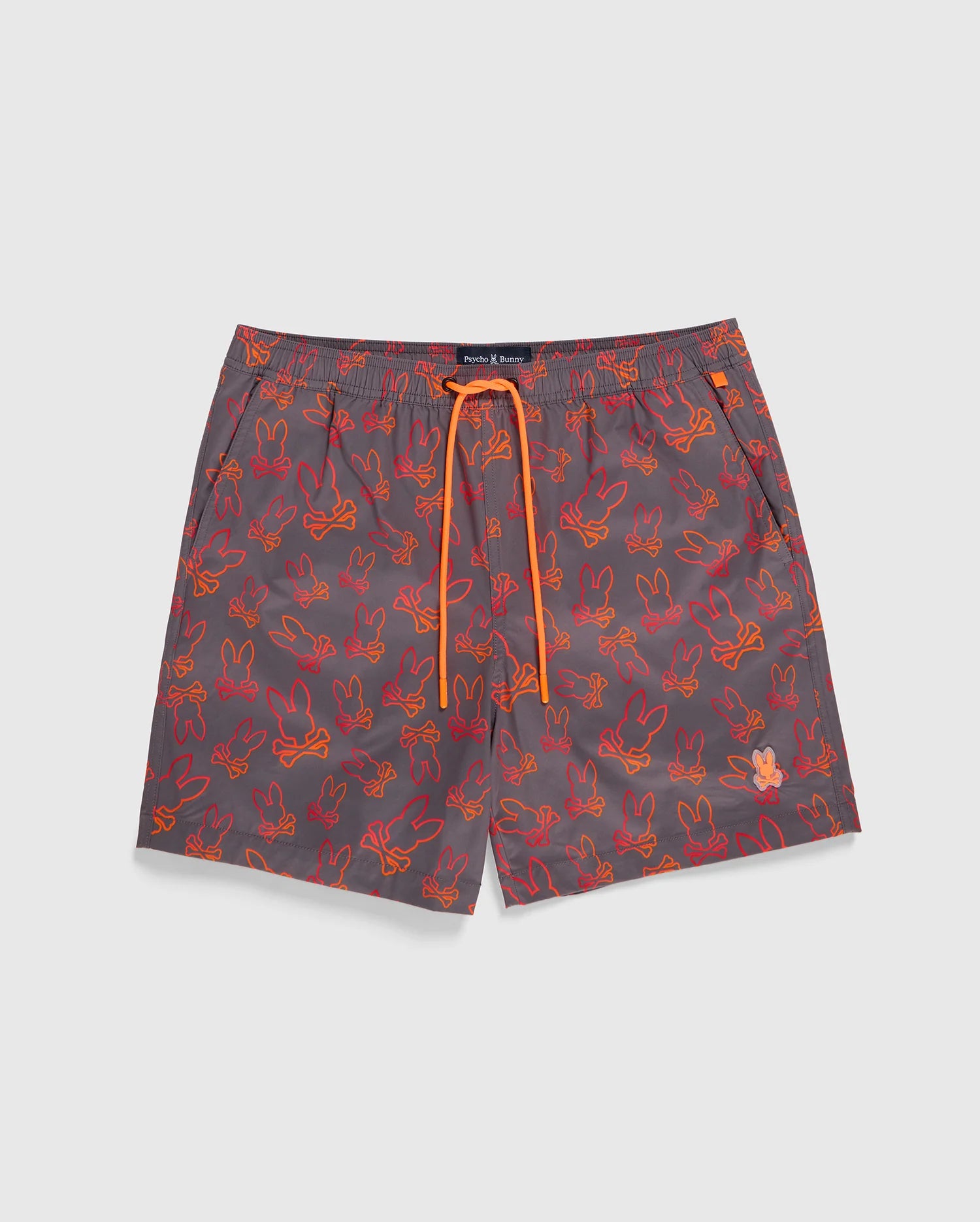 The MENS SHELDON ALL OVER PRINT SWIM TRUNK - B6W588C200 by Psycho Bunny features a gray design with a red and orange bunny pattern, accented by an orange drawstring at the waist. Crafted from quick-dry fabric, these swim trunks perfectly blend functionality and style.