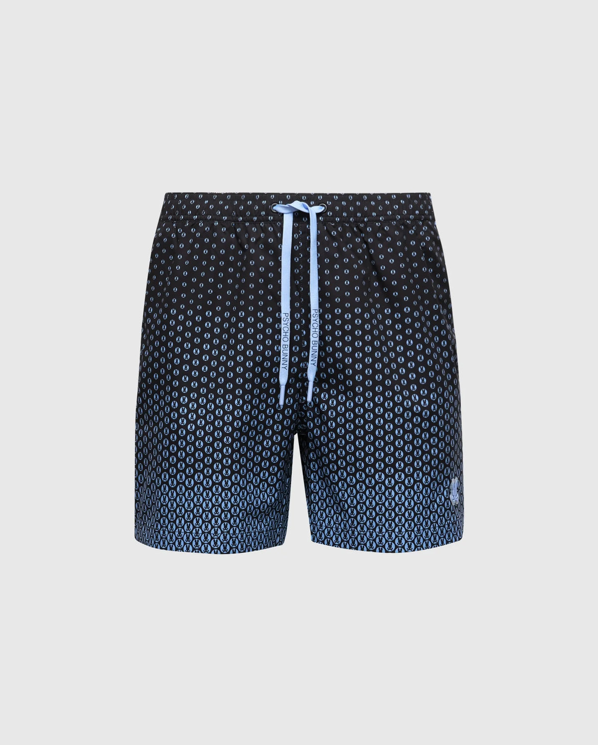 Introducing the Psycho Bunny MENS BENDIGO ALL OVER PRINTED SWIM TRUNK in black with a light blue geometric pattern, matching drawstring waist, subtle logo near the hem, and a sleek light gray background for an upgraded swimwear look.