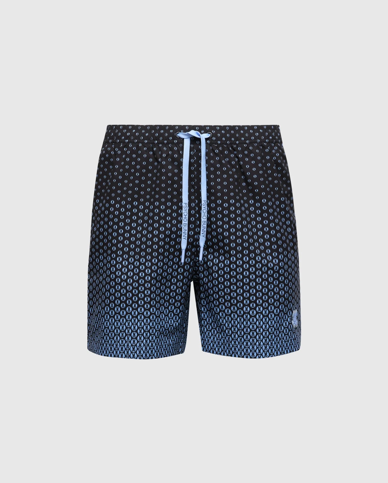 Introducing the Psycho Bunny MENS BENDIGO ALL OVER PRINTED SWIM TRUNK in black with a light blue geometric pattern, matching drawstring waist, subtle logo near the hem, and a sleek light gray background for an upgraded swimwear look.