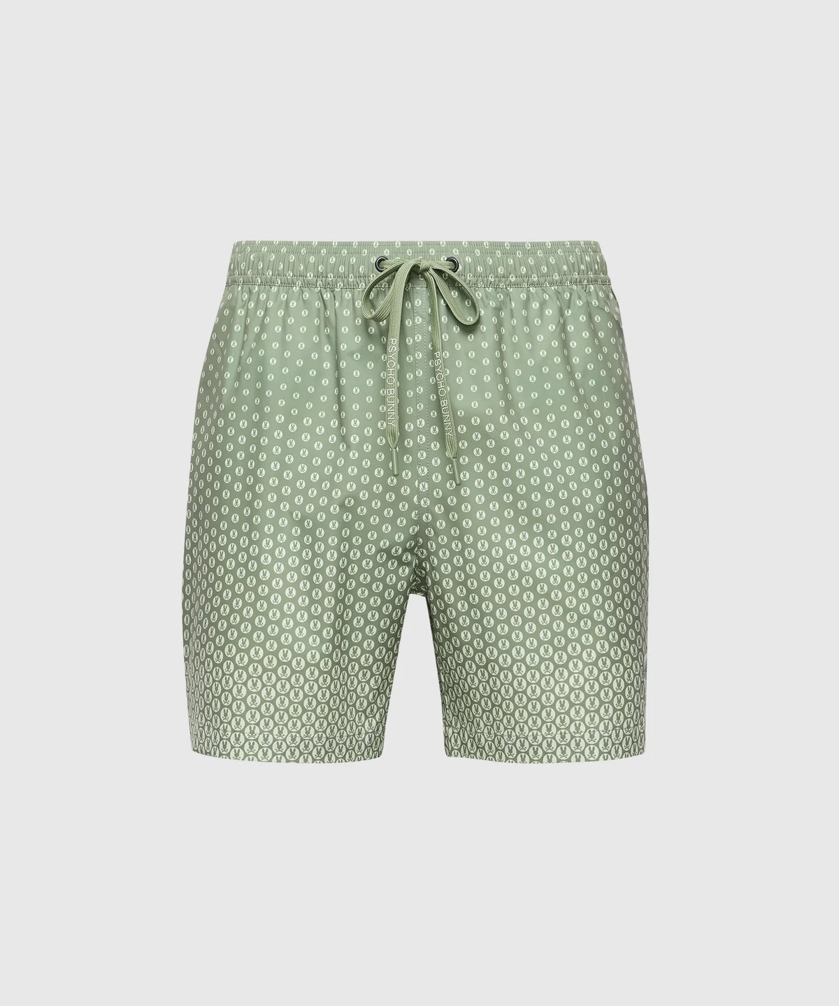 Psycho Bunny's MENS BENDIGO PRINTED SWIM TRUNK - B6W619F200 features green shorts with a white geometric pattern, an elasticized waist, and drawstring. Made from quick-dry fabric, these casual swim trunks are ideal for warm weather.