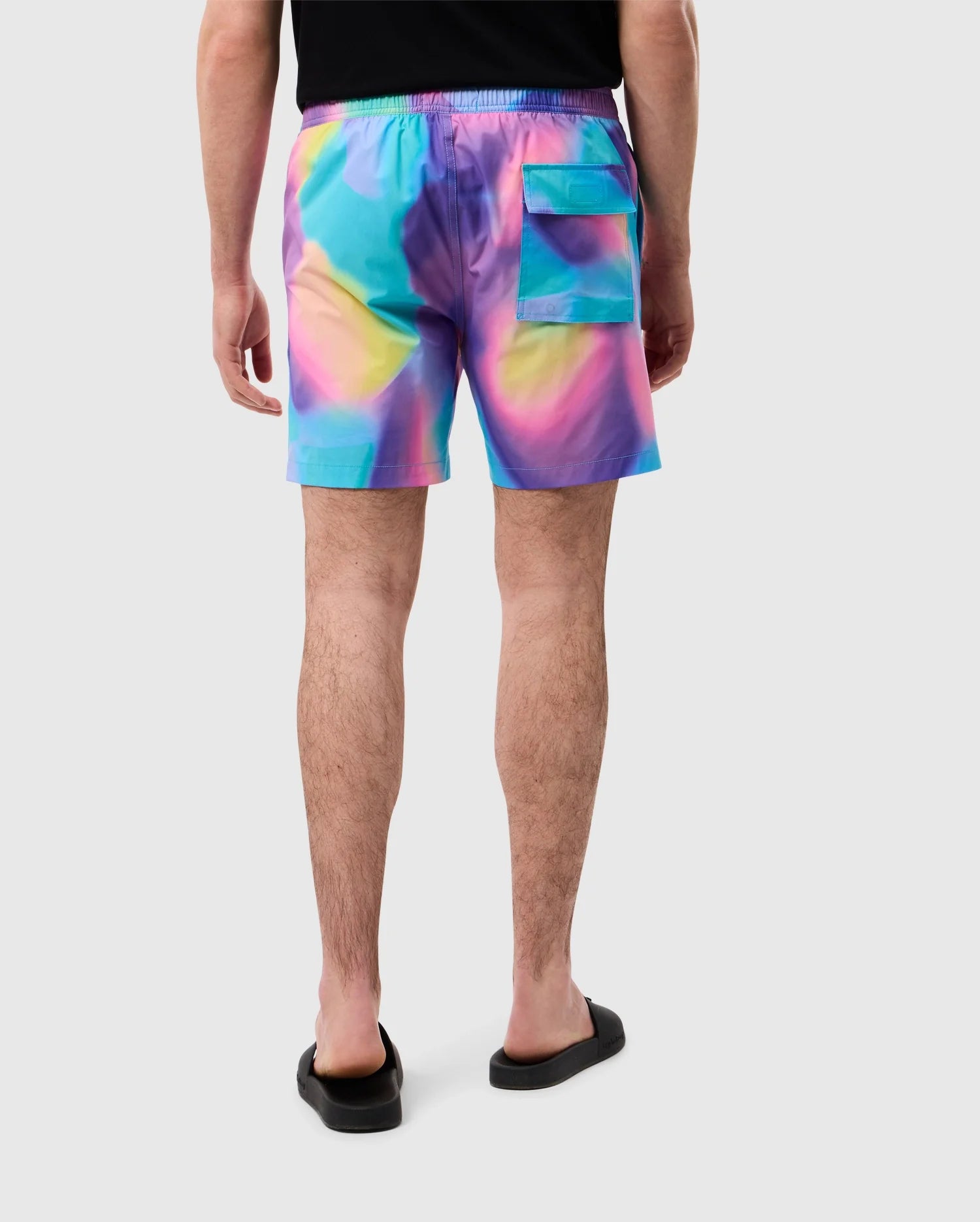 back on-model focus of the tyler print swim trunk
