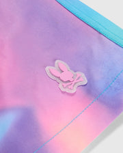 Logo detail of the men's tyler print swim trunk