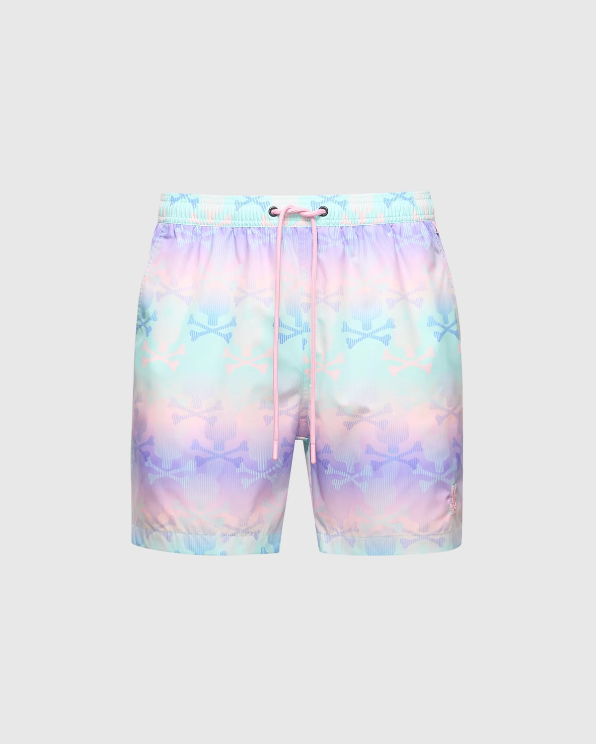 The Psycho Bunny Men's Forster Bunny Printed Swim Trunk (B6W621F200) boasts a pastel blend of light pink, purple, and blue with a subtle shark silhouette pattern. The plain gray background and drawstring waistband ensure beach-bum comfort and a relaxed vibe.