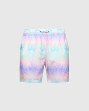The Psycho Bunny Men's Forster Bunny Printed Swim Trunk (B6W621F200) boasts a pastel blend of light pink, purple, and blue with a subtle shark silhouette pattern. The plain gray background and drawstring waistband ensure beach-bum comfort and a relaxed vibe.