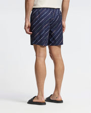 The image features a person in a white t-shirt and Psycho Bunny's MENS RENMARK PB PRINTED SWIM TRUNK (B6W622F200) in blue with a logo pattern, standing with their back to the camera. They are wearing black sandals against a simple, light background.