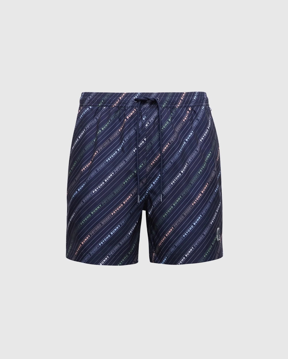 Navy quick-dry swim trunks by Psycho Bunny, featuring diagonal stripes with "Prada" branding in green, orange, and blue. The MENS RENMARK PB PRINTED SWIM TRUNK (B6W622F200) has a drawstring waistband and a subtle logo near the bottom hem.