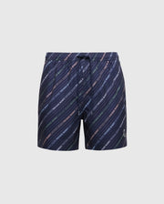Navy quick-dry swim trunks by Psycho Bunny, featuring diagonal stripes with "Prada" branding in green, orange, and blue. The MENS RENMARK PB PRINTED SWIM TRUNK (B6W622F200) has a drawstring waistband and a subtle logo near the bottom hem.