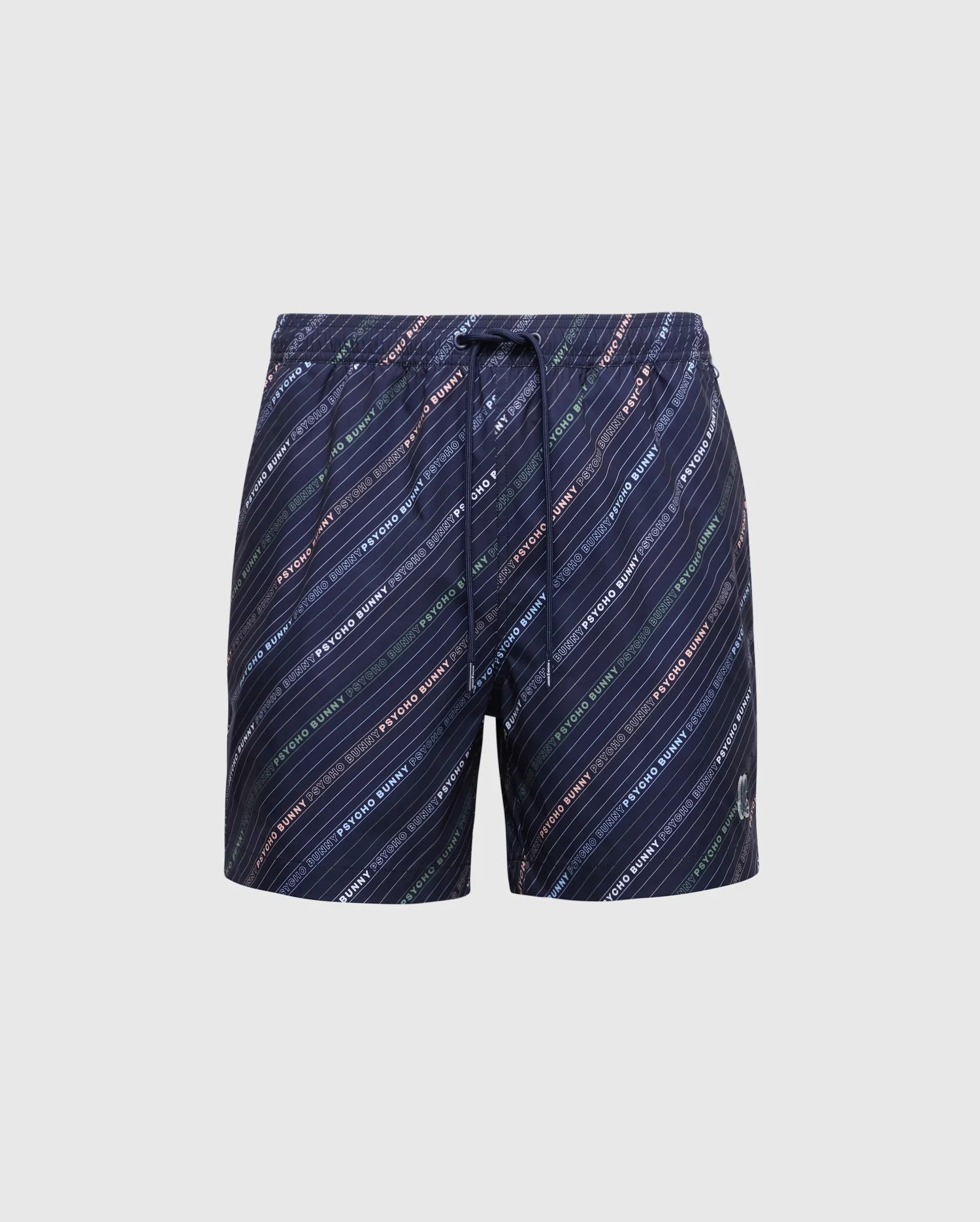 Navy quick-dry swim trunks by Psycho Bunny, featuring diagonal stripes with "Prada" branding in green, orange, and blue. The MENS RENMARK PB PRINTED SWIM TRUNK (B6W622F200) has a drawstring waistband and a subtle logo near the bottom hem.