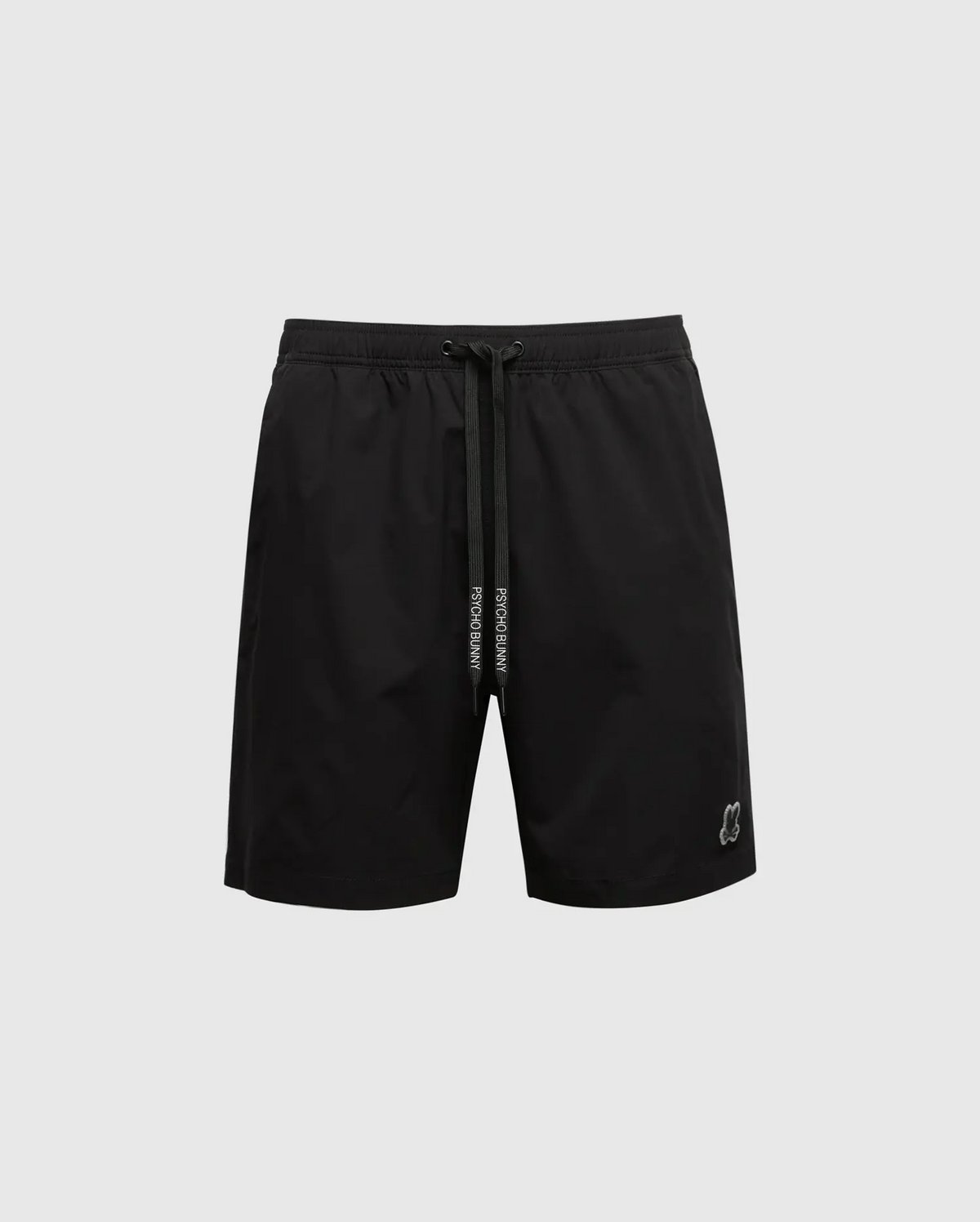 These MENS SAMOS 7 HYDROCHROMIC SWIM TRUNKS by Psycho Bunny bring sunsoaker style to your wardrobe with black drawstring, a small logo on the lower left, and an elastic waistband against a light gray background. They're perfect for workouts and casual outings.