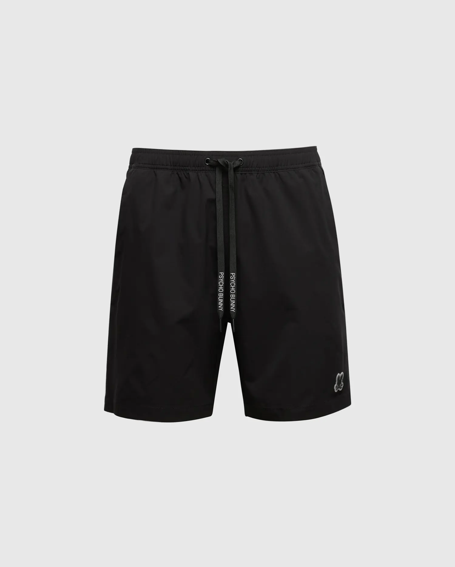 These MENS SAMOS 7 HYDROCHROMIC SWIM TRUNKS by Psycho Bunny bring sunsoaker style to your wardrobe with black drawstring, a small logo on the lower left, and an elastic waistband against a light gray background. They're perfect for workouts and casual outings.