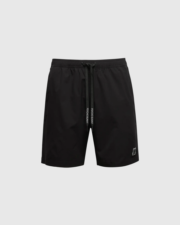 These MENS SAMOS 7 HYDROCHROMIC SWIM TRUNKS by Psycho Bunny bring sunsoaker style to your wardrobe with black drawstring, a small logo on the lower left, and an elastic waistband against a light gray background. They're perfect for workouts and casual outings.