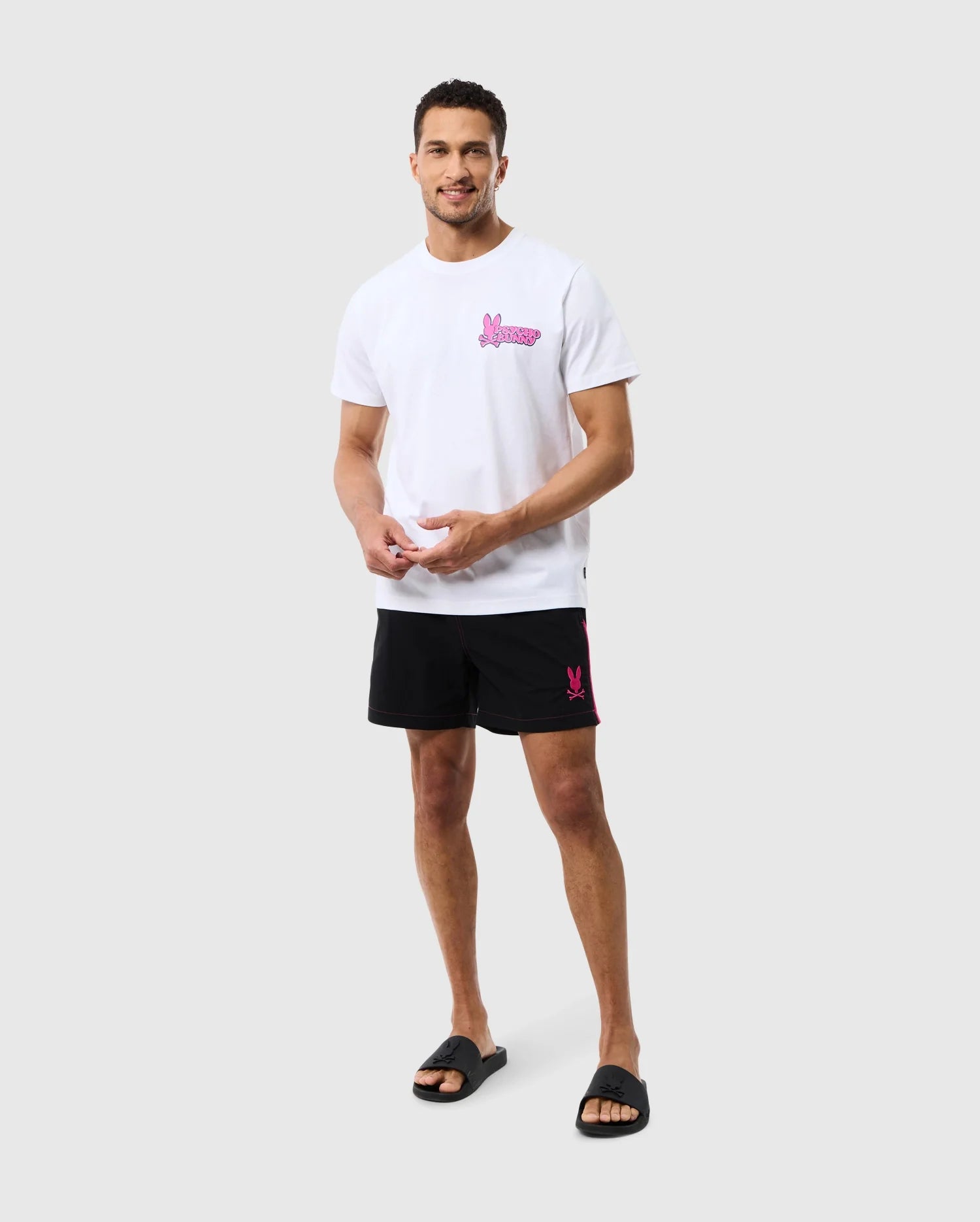 head to toe view of a model wearing the rockdale lightweight swim trunk