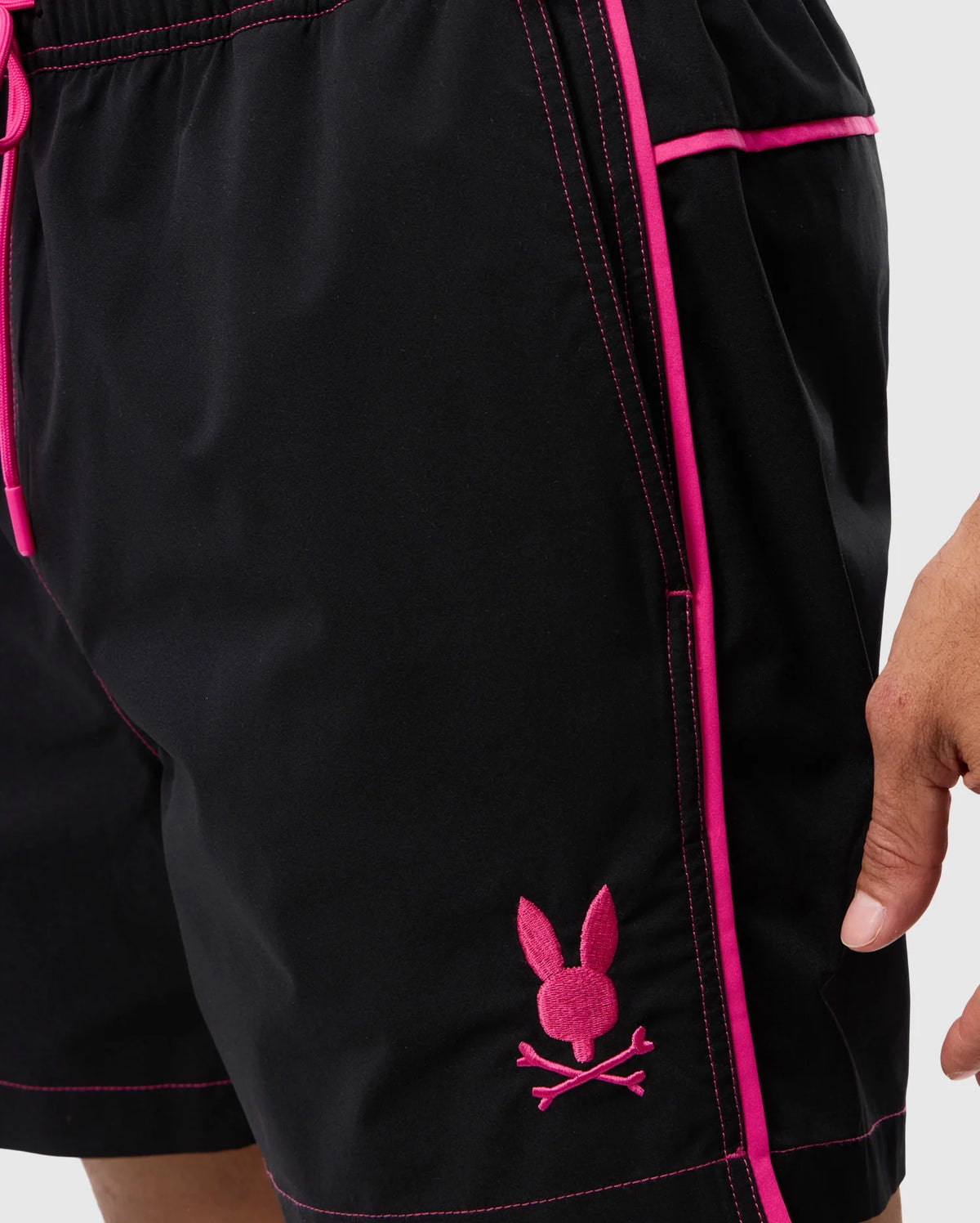 Closeup of the rockdale lightweight swim trunk in black