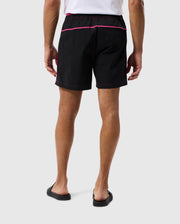 Back on-model focus of the rendon print swim trunk