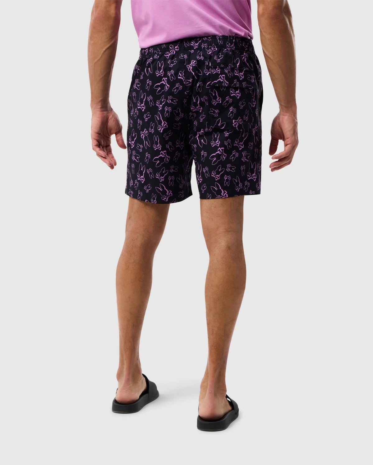 Back on-model focus of the rendon print swim trunk