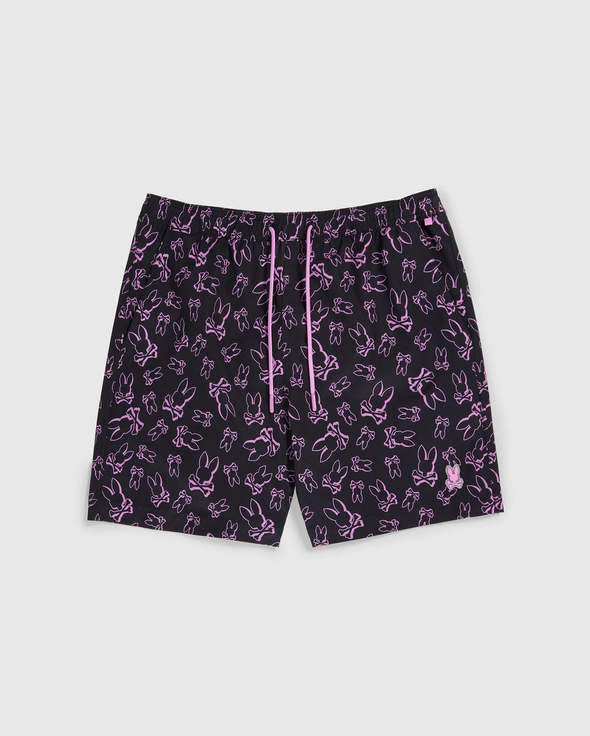 flat front view of rendon print swim trunk in black