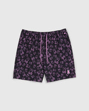 flat front view of rendon print swim trunk in black