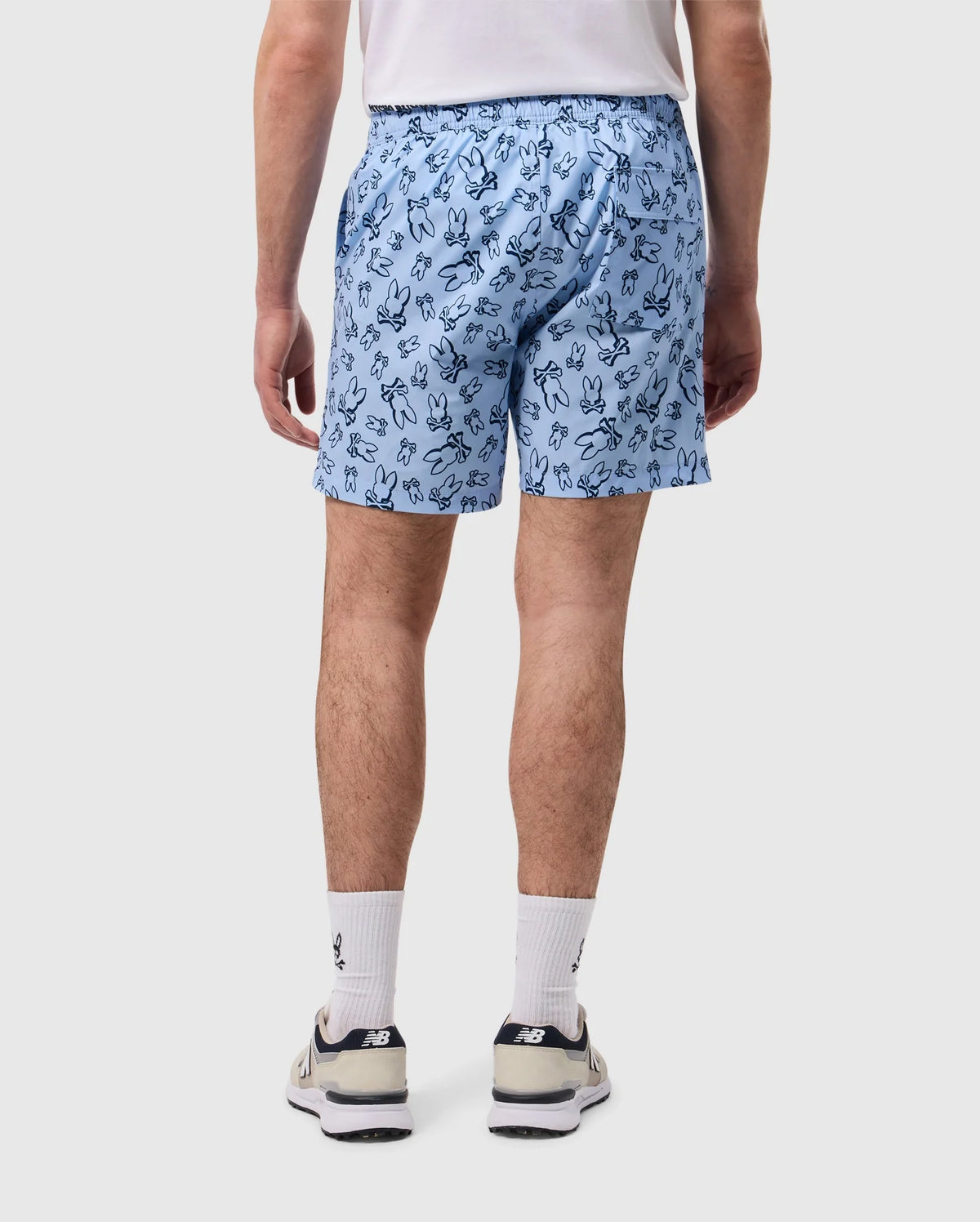 Back on-model focus of the rendon print swim trunk