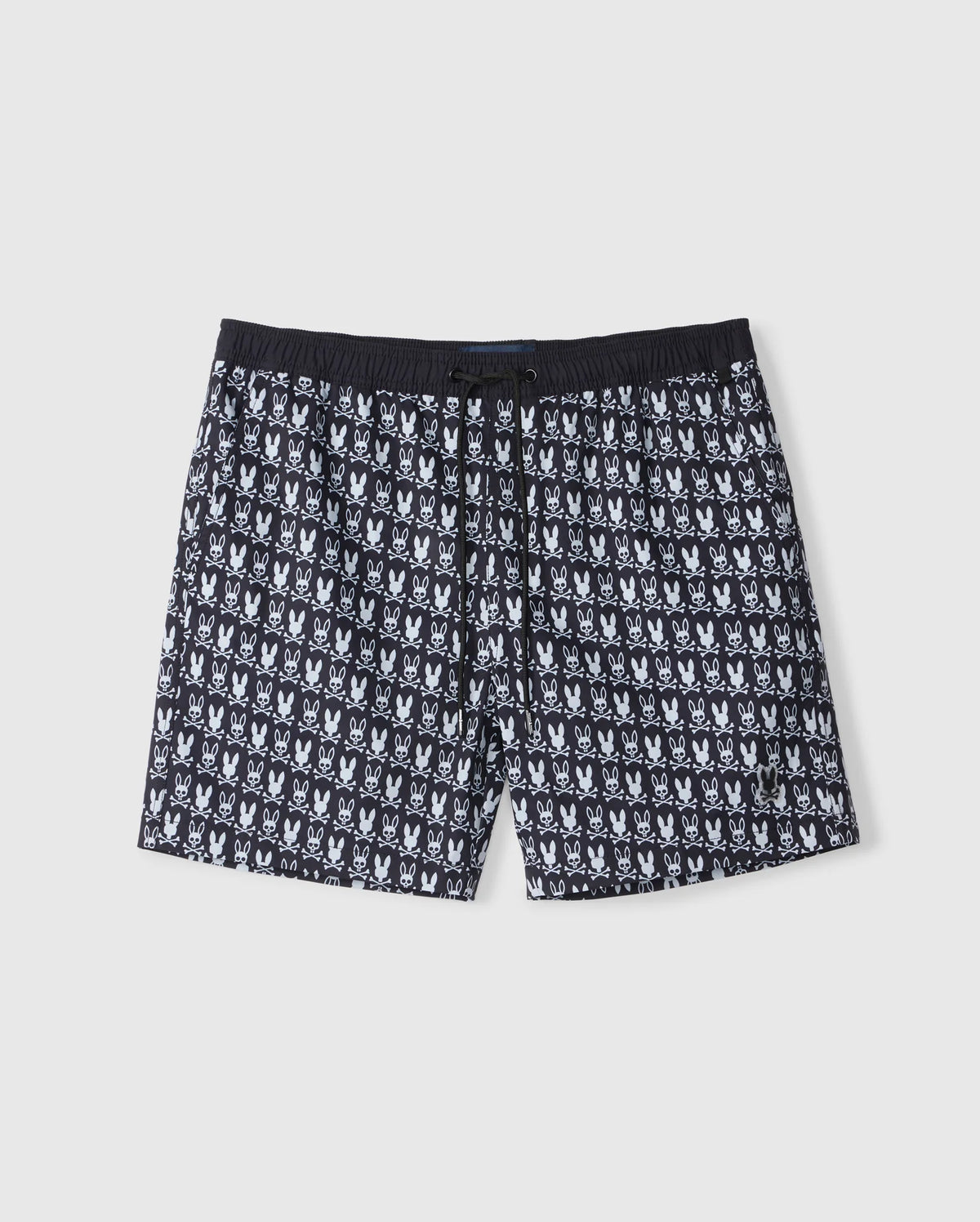 The Psycho Bunny MENS TILDEN PRINT SWIM TRUNK (B6W729D200) is a stylish pair of black swim trunks featuring a striking white contrast bunny print. These shorts are equipped with an elastic waistband and drawstring for a perfect fit and are designed with a quick-dry membrane to ensure maximum comfort.