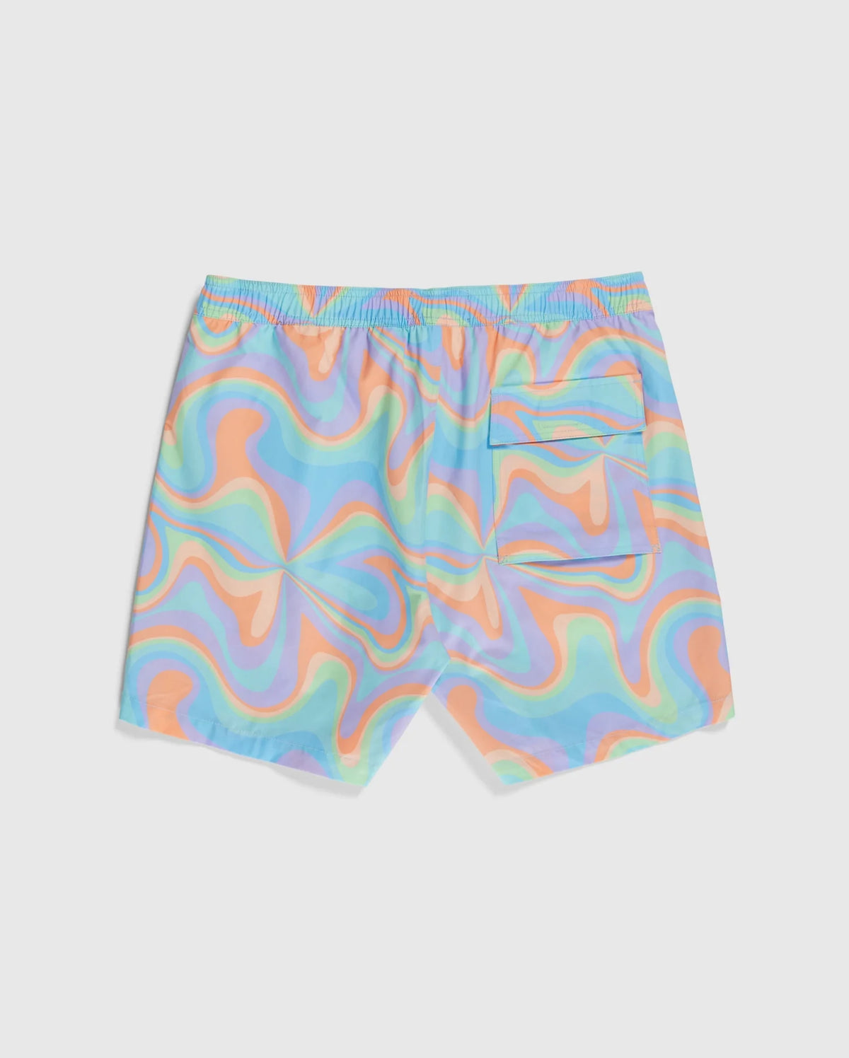 A pair of colorful MENS BLOOMINGTON SWIM TRUNK - B6W941A2PO by Psycho Bunny featuring a retro, wavy psychedelic pattern in shades of blue, pink, orange, and green. The quick-drying shorts have an elastic waistband and a back pocket with a flap. A cute silicone bunny patch adds charm as they are laid flat against a white background.