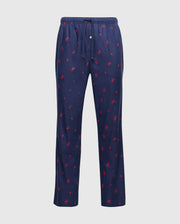 The Psycho Bunny Men's All Over Print Flannel Pajama Set (B6X343E200) features navy blue pajama pants with a drawstring waist and a small red lobster pattern. Designed for casual lounging or comfortable sleepwear, it is crafted from soft cotton flannel.