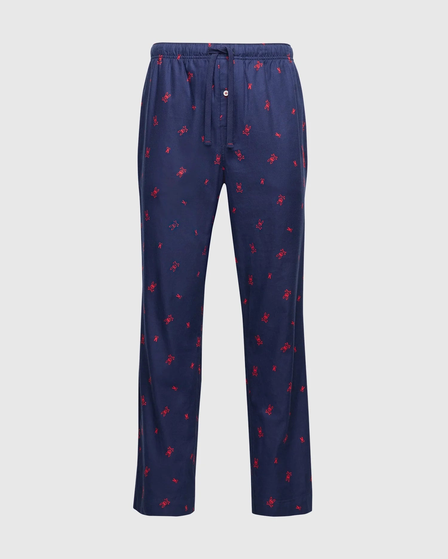 The Psycho Bunny Men's All Over Print Flannel Pajama Set (B6X343E200) features navy blue pajama pants with a drawstring waist and a small red lobster pattern. Designed for casual lounging or comfortable sleepwear, it is crafted from soft cotton flannel.