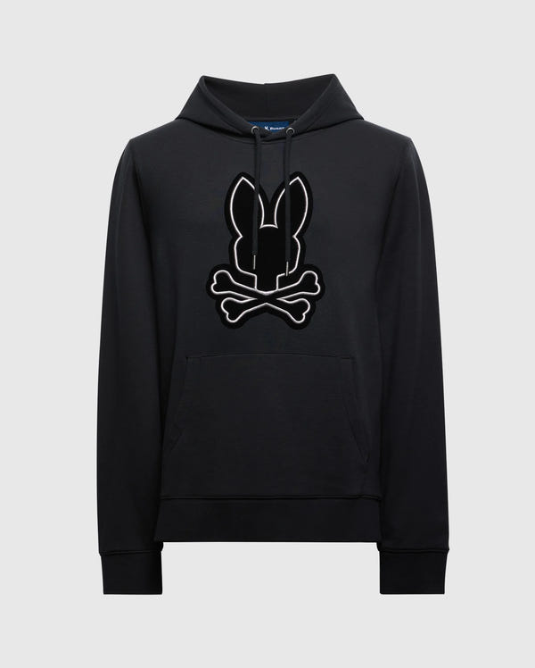 The BIG AND TALL ALEXANDER HOODIE - B9H154E200 by Psycho Bunny is a comfortable black pullover featuring a prominently centered stylized bunny logo with crossed bones on the chest. Designed for a big and tall fit, it includes a spacious front pocket and adjustable drawstrings.