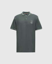 The Psycho Bunny BIG AND TALL PIERCE PIQUE POLO - B9K201E200 is a dark green Pima cotton polo with a collar featuring white and green stripes, short sleeves with matching striped cuffs, and an embroidered chest bunny on the left side. Perfect for stylish big and tall individuals.