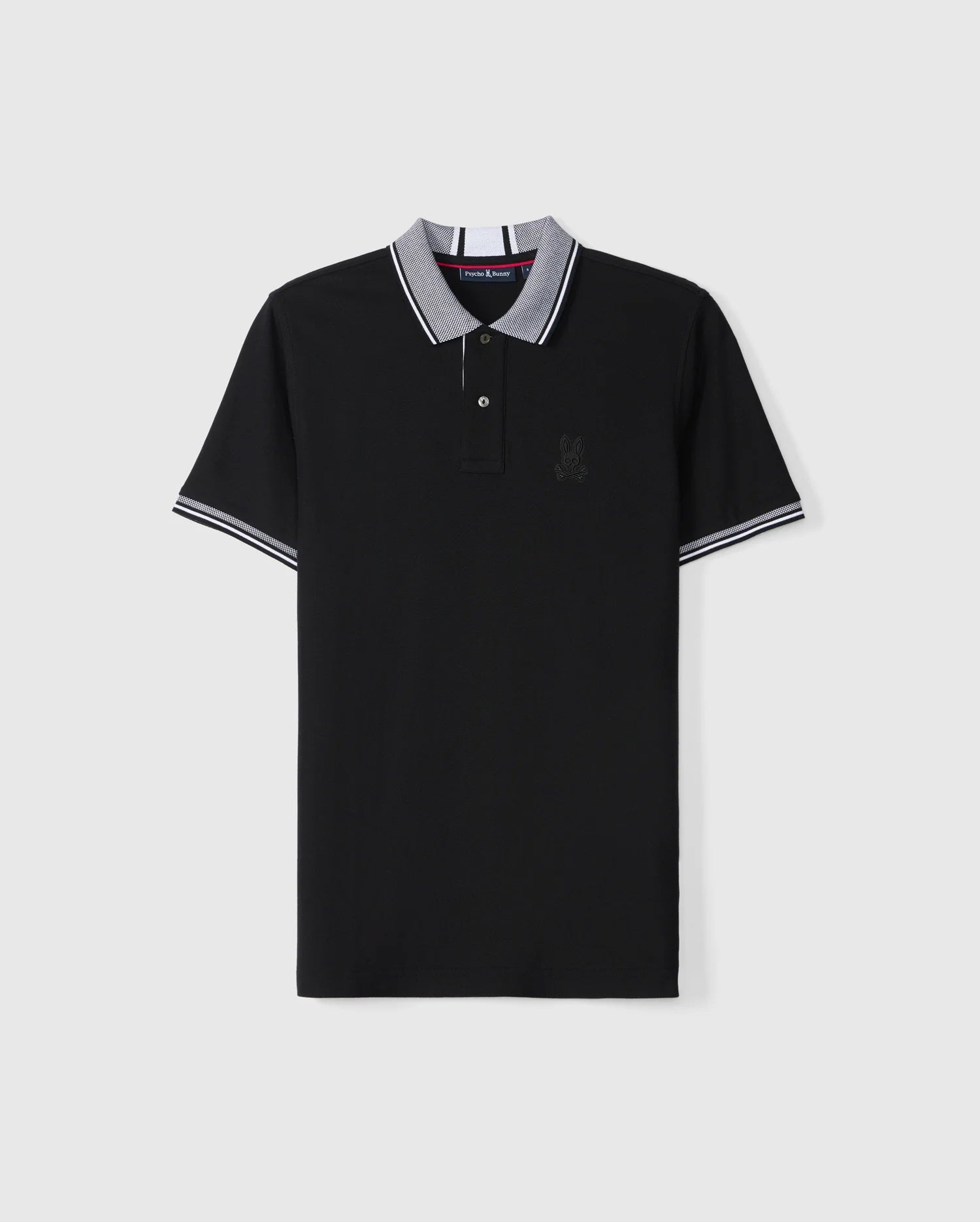 The BIG AND TALL MALTON PIQUE POLO SHIRT - B9K950D200 by Psycho Bunny is crafted from premium Pima cotton in black, featuring a gray collar and sleeve edges with white stripes. An embroidered logo on the left chest adds distinction, even against a plain white background.