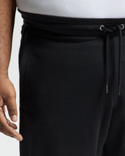 A person wears the Psycho Bunny BIG AND TALL ALEXANDER SWEATPANT in black, paired with a white top. The joggers, ideal for big and tall sizes, have a smooth fabric and an adjustable drawstring waist, with their left hand resting beside the pants.