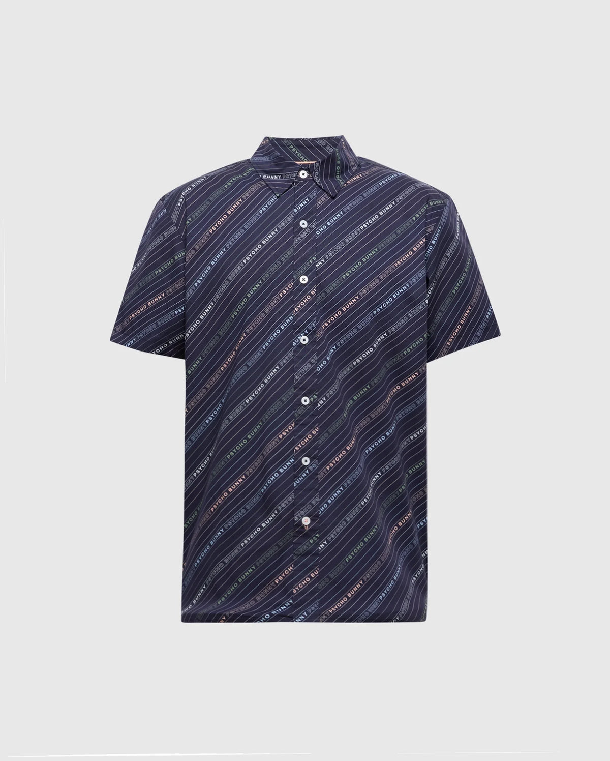 The Psycho Bunny Men's Big and Tall Renmark Stretch Poplin Woven Shirt offers a premium stretch poplin fabric with diagonal dark blue stripes, accented with teal and orange lines featuring white text on a light gray background. It includes a standard collar, seven buttons, and a stylish logo pattern.
