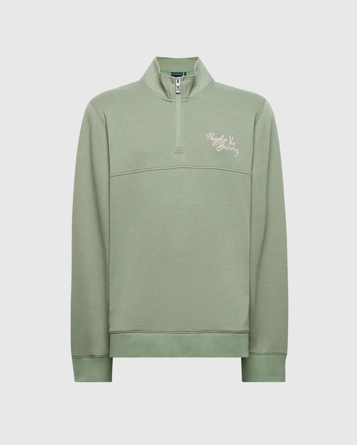 The Psycho Bunny Men's Big and Tall Desert 1/4 Mock Zip - B9S488F200 is a light green cotton jersey sweatshirt featuring long sleeves, a high collar, an embroidered wordmark logo, and a small graphic on the upper left chest. It has a relaxed fit with a half-open zipper.