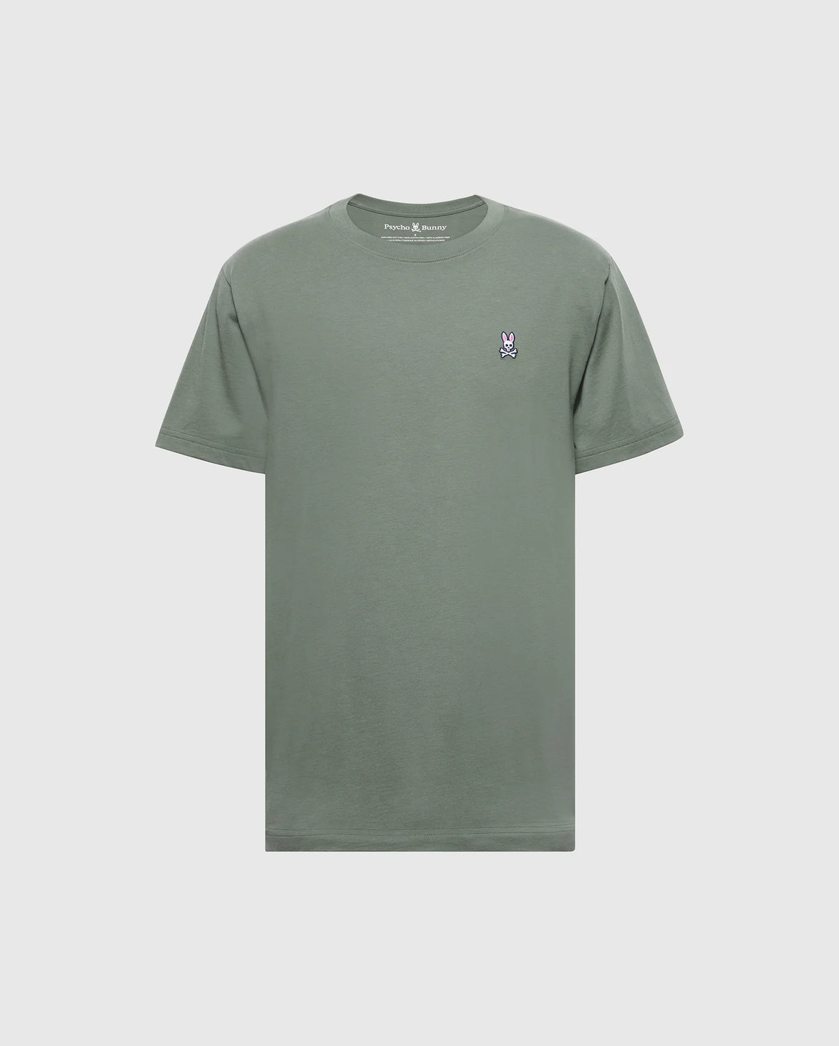 The Psycho Bunny BIG AND TALL CLASSIC CREW NECK TEE (B9U014CRPC) is a sage green Pima cotton men's tee featuring short sleeves, a small embroidered rabbit logo on the left chest, and a classic crew neck design. Ideal for those seeking comfort and style.