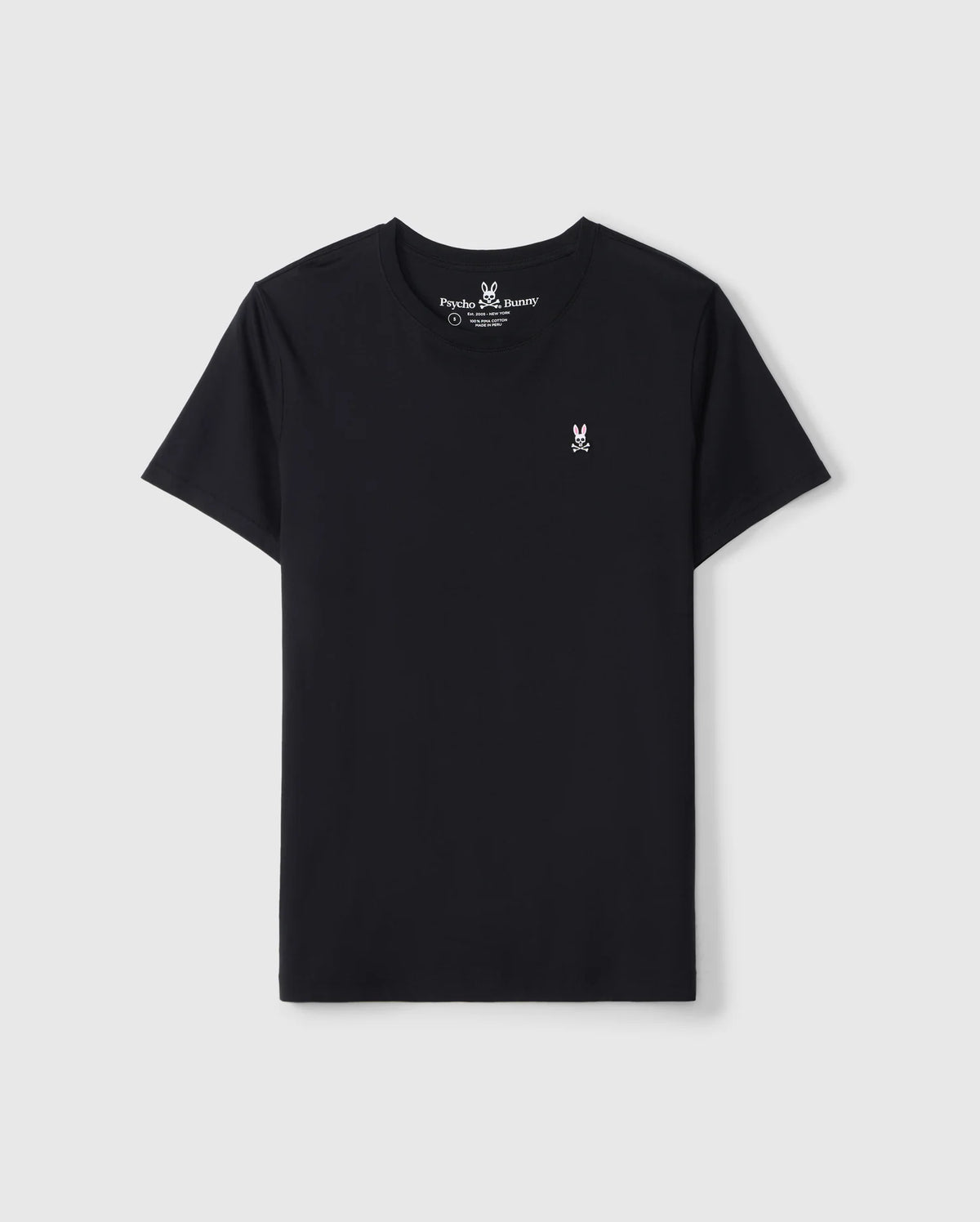 The Psycho Bunny Men's Big and Tall Classic Crew Neck Tee (B9U014CRPC) is a black tee made from 100% Pima cotton, featuring a classic embroidered white bunny logo on the left chest, displayed against a plain white background.