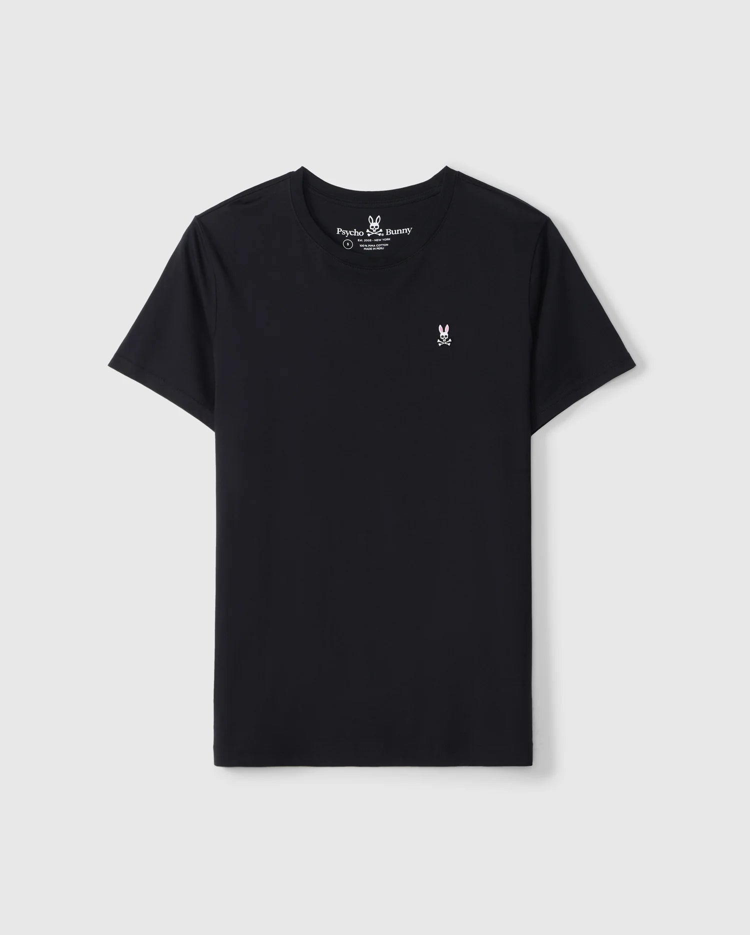 The Psycho Bunny Men's Big and Tall Classic Crew Neck Tee (B9U014CRPC) is a black tee made from 100% Pima cotton, featuring a classic embroidered white bunny logo on the left chest, displayed against a plain white background.