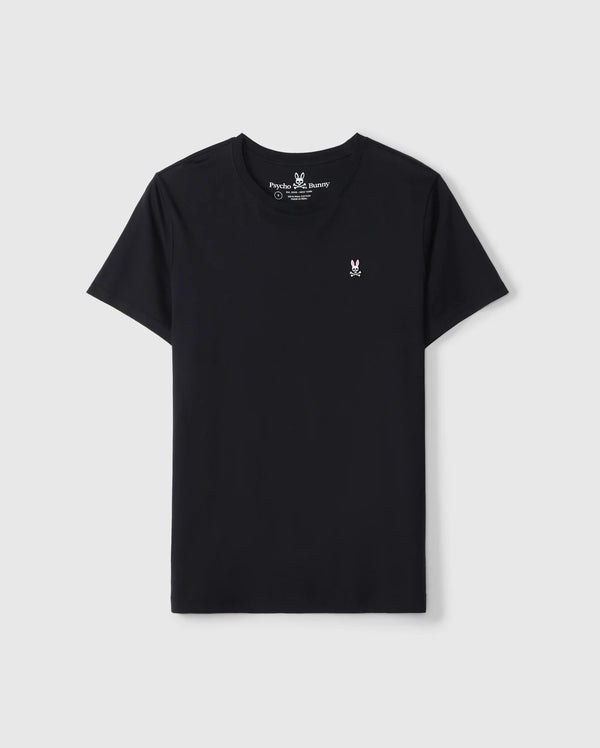 The Psycho Bunny Men's Big and Tall Classic Crew Neck Tee (B9U014CRPC) is a black tee made from 100% Pima cotton, featuring a classic embroidered white bunny logo on the left chest, displayed against a plain white background.