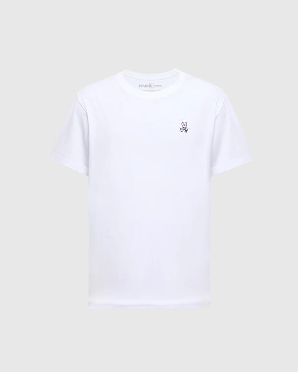 The Men's Big and Tall Classic Crew Neck Tee by Psycho Bunny is a white Pima cotton T-shirt featuring a crew neck and an embroidered pink and black rabbit logo on the left chest, set against a plain light gray background. It's an ideal addition to any man's wardrobe.