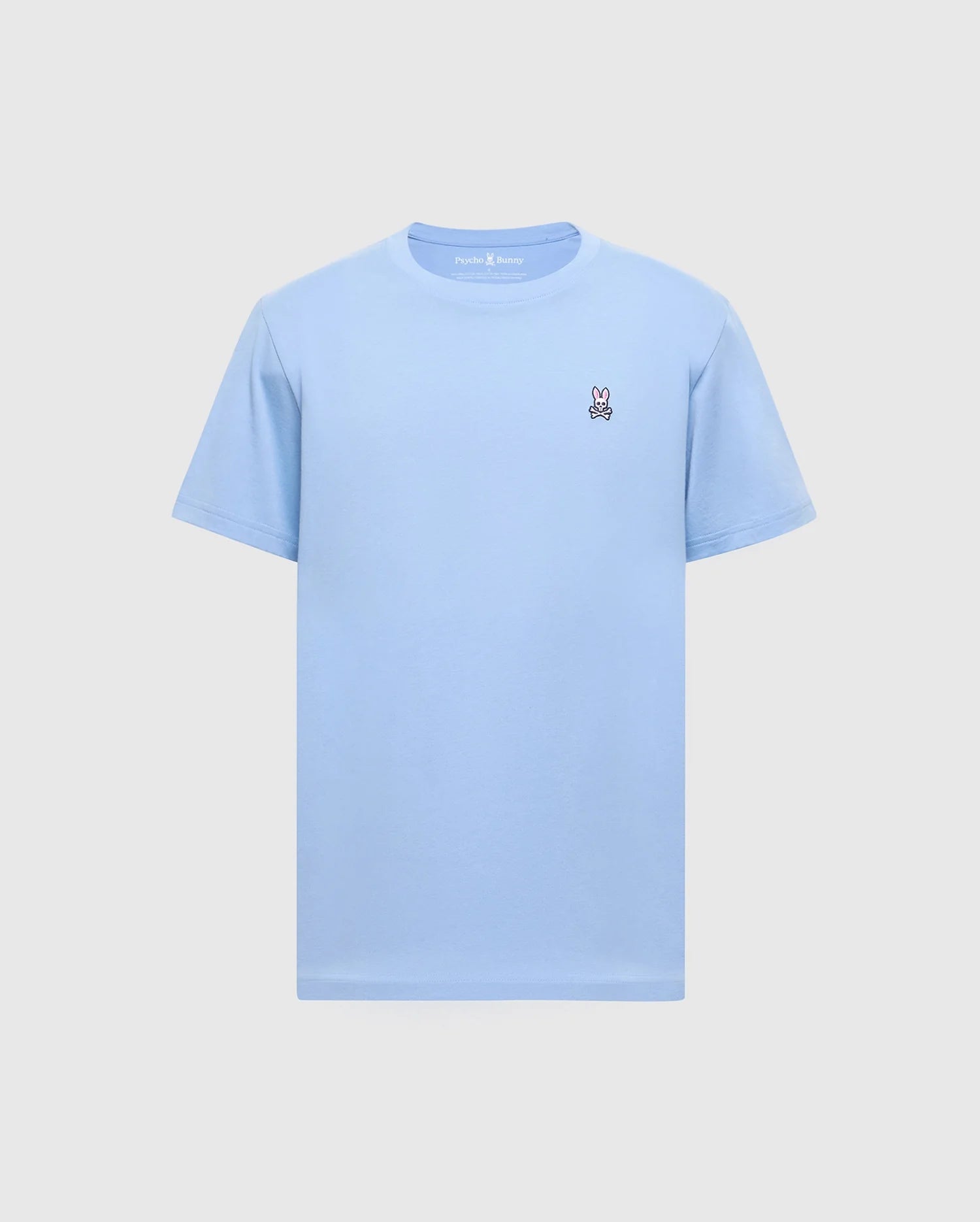 The Psycho Bunny BIG AND TALL CLASSIC CREW NECK TEE in light blue is made of 100% Pima cotton, featuring a bunny peace sign logo on the chest for comfort and style.