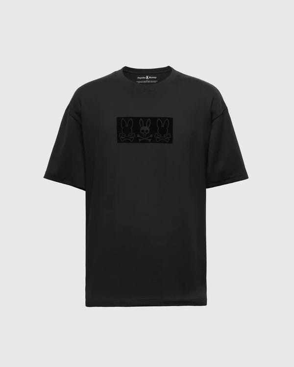 Crafted from soft Pima Cotton, the Psycho Bunny BIG AND TALL ROMEO HEAVY WEIGHT RELAXED FIT TEE - B9U110E200 is a black t-shirt showcasing a minimalist design with a horizontal rectangle featuring three stylized rabbit faces. This relaxed fit makes it an ideal choice for those seeking a stylish and comfortable big and tall t-shirt option.