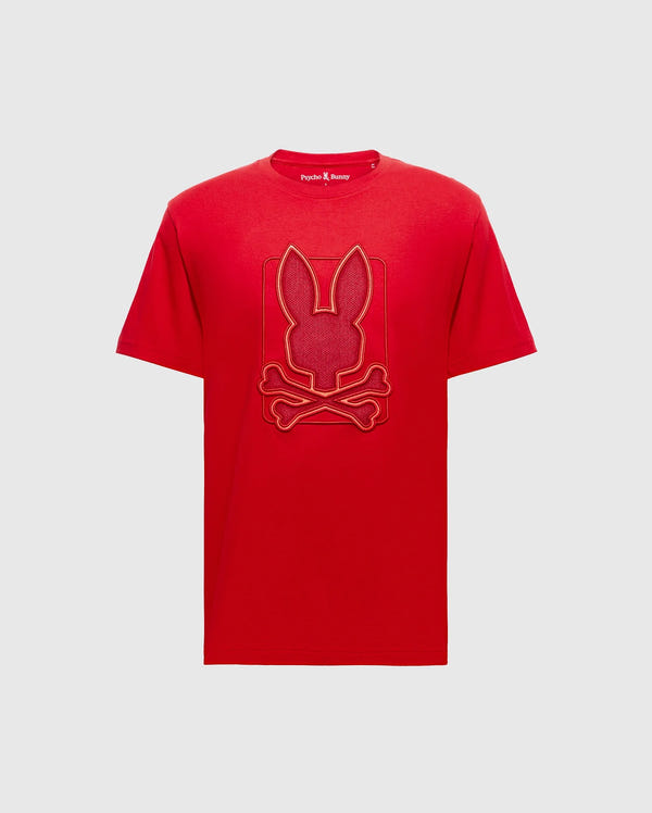 The Psycho Bunny BIG AND TALL PIERCE GRAPHIC TEE - B9U115E200 is a red Pima cotton short-sleeve shirt with a ribbed crew neck, featuring a bunny embroidery with crossed bones.