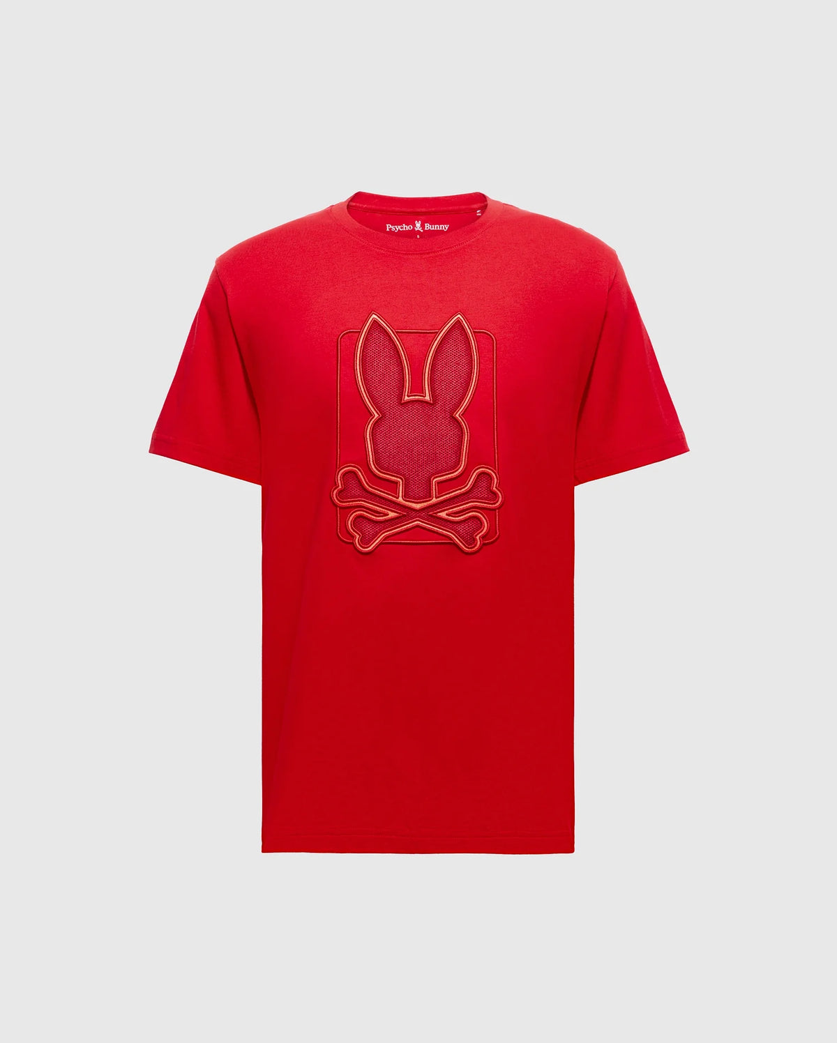 The Psycho Bunny BIG AND TALL PIERCE GRAPHIC TEE - B9U115E200 is a red Pima cotton short-sleeve shirt with a ribbed crew neck, featuring a bunny embroidery with crossed bones.