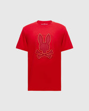 The Psycho Bunny BIG AND TALL PIERCE GRAPHIC TEE - B9U115E200 is a red Pima cotton short-sleeve shirt with a ribbed crew neck, featuring a bunny embroidery with crossed bones.
