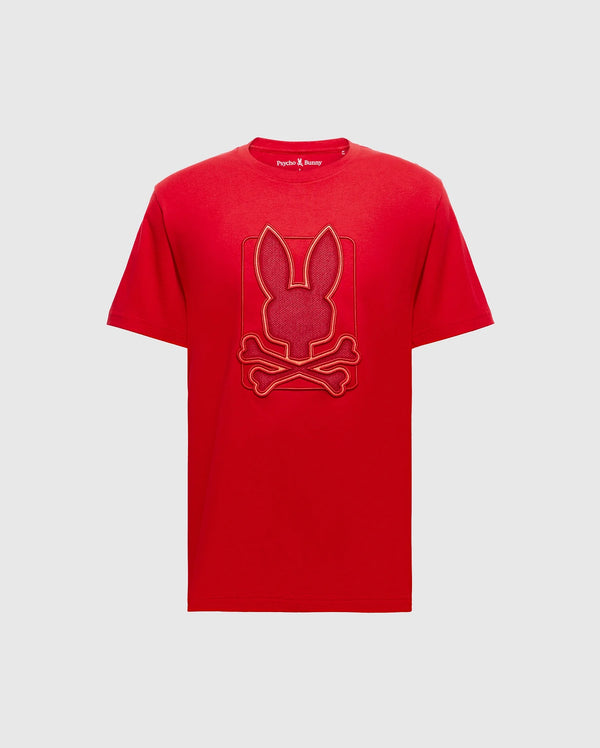 The Psycho Bunny BIG AND TALL PIERCE GRAPHIC TEE - B9U115E200 is a red Pima cotton short-sleeve shirt with a ribbed crew neck, featuring a bunny embroidery with crossed bones.