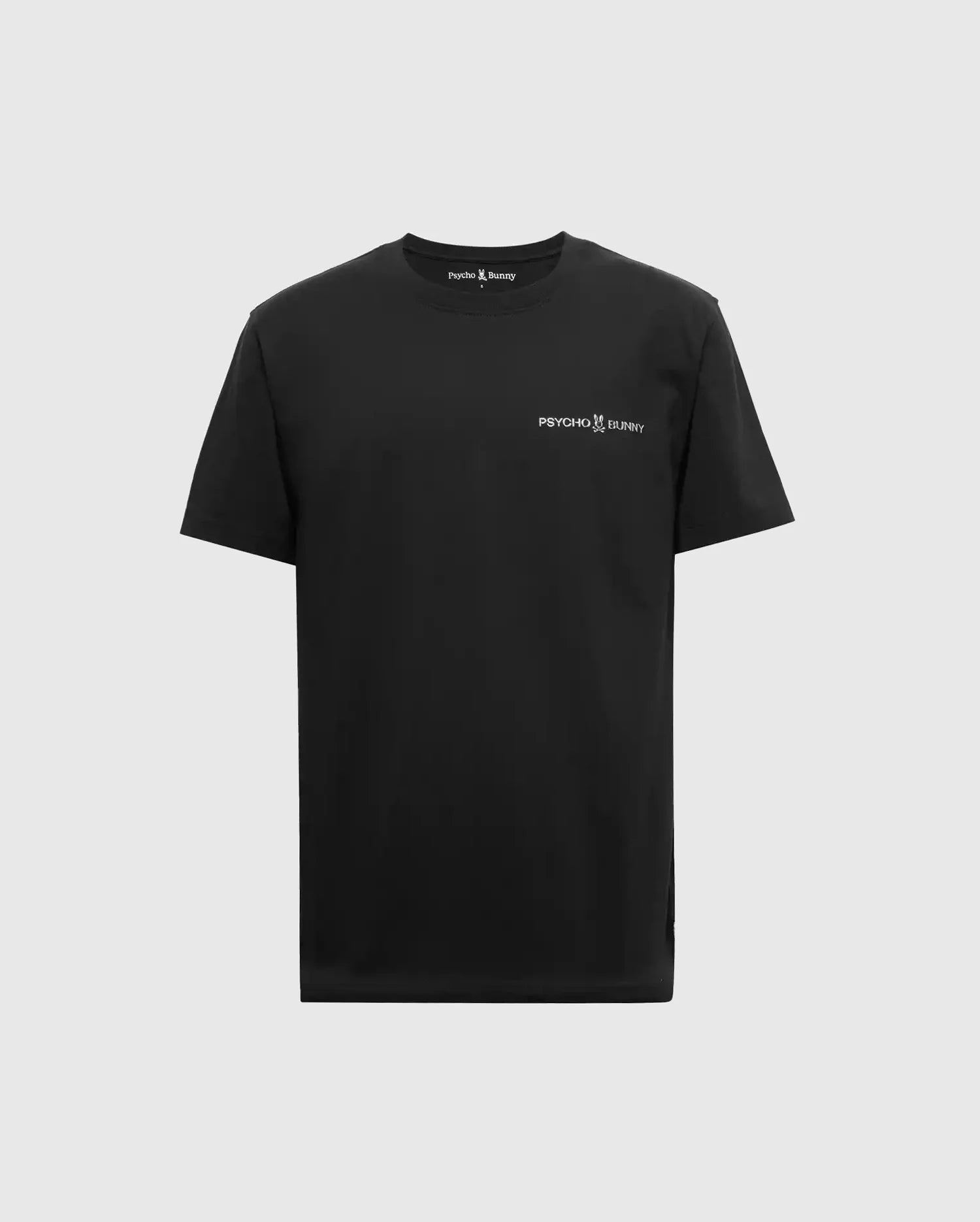 The BIG AND TALL LONMONT GRAPHIC TEE - B9U194E200 from Psycho Bunny is a black short-sleeved tee crafted from premium Pima cotton, showcasing a small white "Psycho Bunny" logo with a bunny graphic on the left chest. The shirt is set against a plain light gray background.