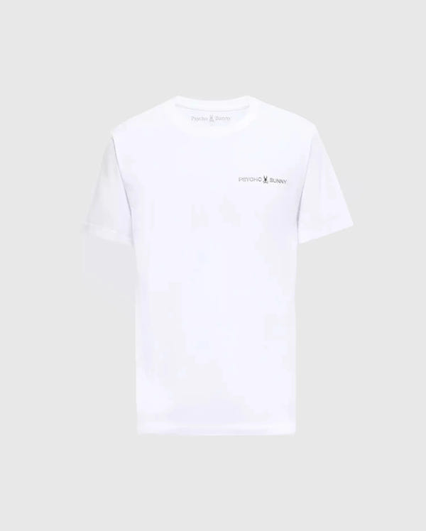 The BIG AND TALL LONMONT GRAPHIC TEE - B9U194E200 by Psycho Bunny is a premium white Pima cotton tee featuring a small logo and text on the left chest against light grey. It offers ultimate comfort with a classic crew neck and short sleeves.